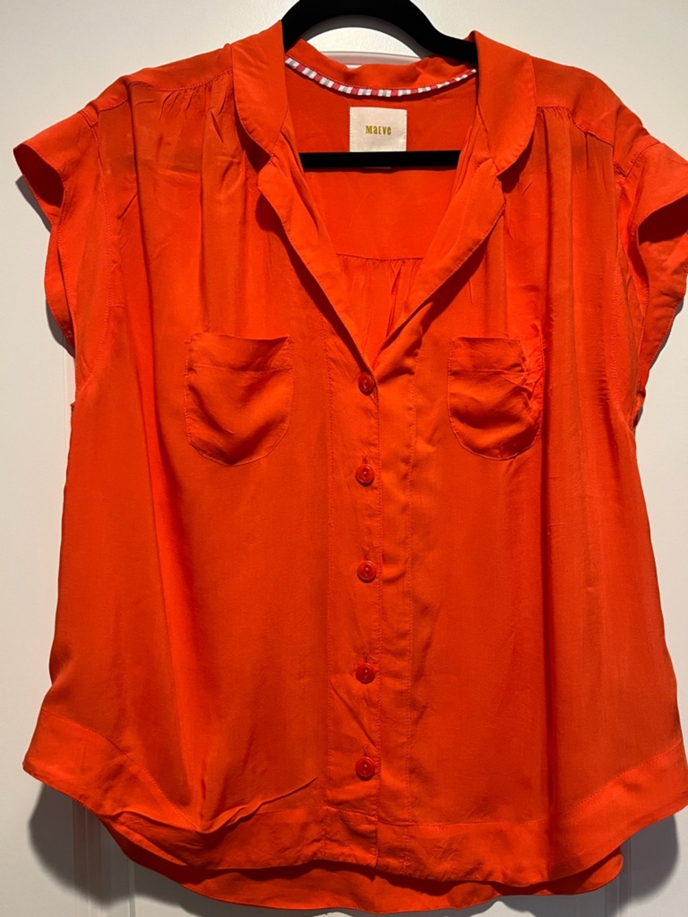 Maeve | (M) Short-Sleeve Button Front Blouse in Vibrant Orange - Picture 4 of 7